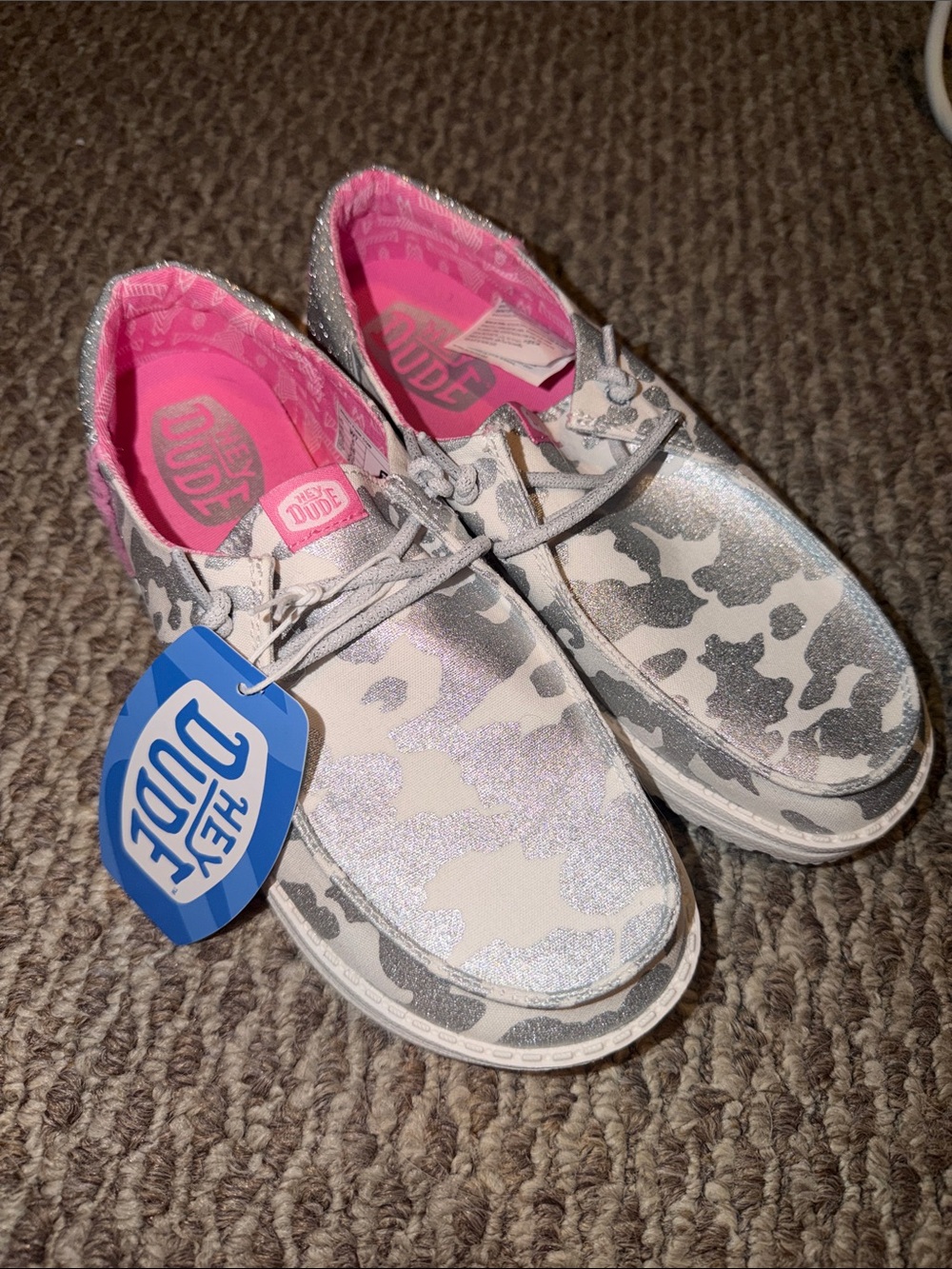 Hey Dude Women's Metallic Silver Camo Moccasins with Pink Lining